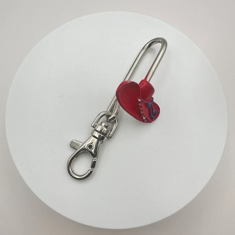 Vintage 90s Silver Tone Red Hat Society Purse Hook Key Finder Enamel Glass